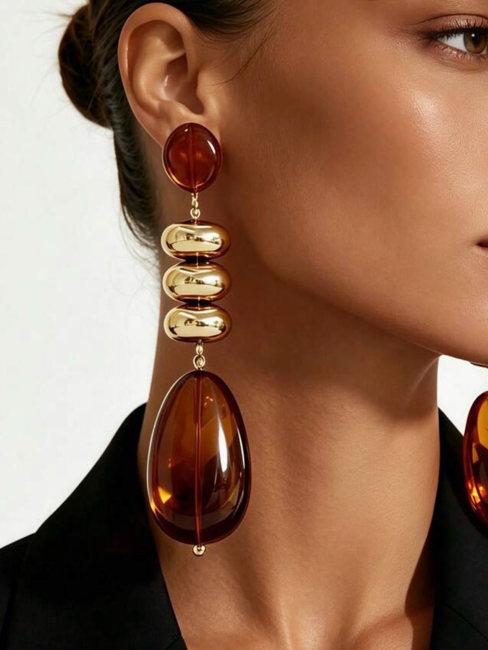Vintage Boho Tortoiseshell Amber & Gold Long Dangle Earrings - Picture 1 of 6